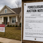 split image showing a pre-foreclosure home and a foreclosure auction notice