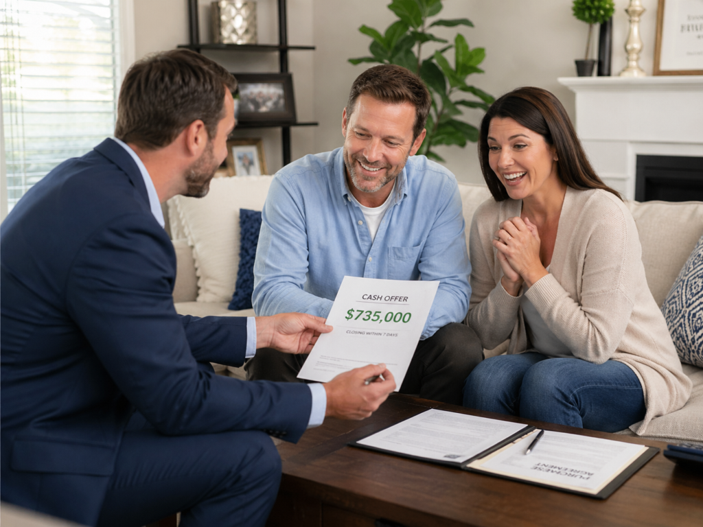 A real estate investor meeting husband-and-wife sellers in their living room and making an offer on their home. The sellers are happy and smiling at the high priced offer.