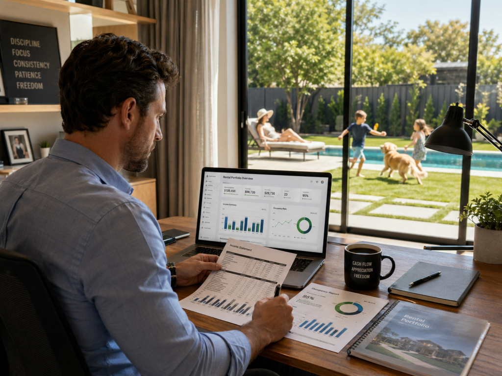 a male real estate investor reviewing rental portfolio income reports with coffee, laptop, and property management dashboard. His wife is sunbathing in the backyard by the pool while the children play with their dog.