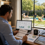 a male real estate investor reviewing rental portfolio income reports with coffee, laptop, and property management dashboard. His wife is sunbathing in the backyard by the pool while the children play with their dog.
