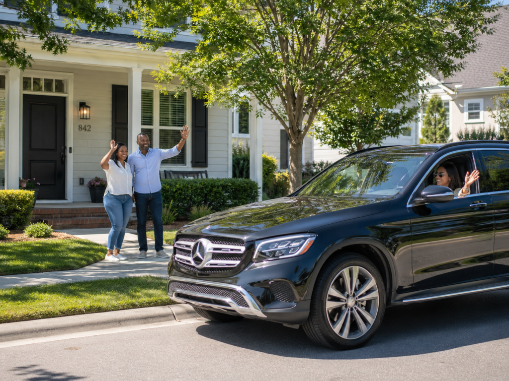 a female real estate investor driving her Mercedes past one of her rental properties and waiving to the tenants who are smiling and happy