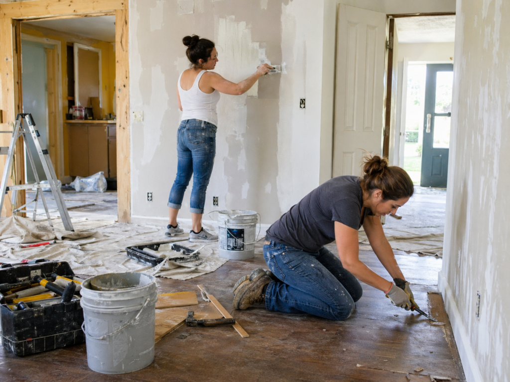two women doing rehab work on a foreclosure home they just purchased. There are tools, materials, and items scattered on the floor of the house.