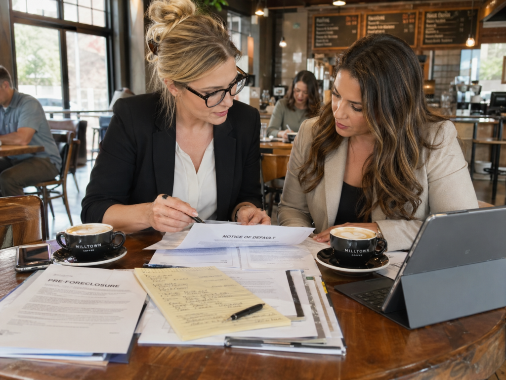 two female real estate investors reviewing notice of default and pre foreclosure documents while having coffee in a coffee shop