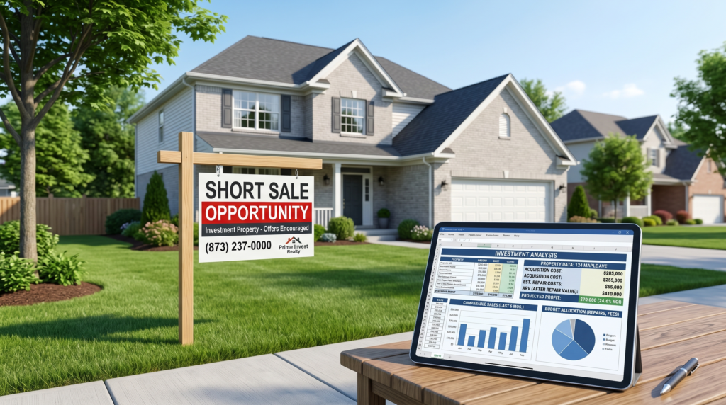 Transform the scene into a professional real estate investment visual, featuring a suburban house with a prominent "Short Sale" sign in the foreground. Include a digital tablet or clipboard resting on a surface in the front of the frame, displaying detailed financial spreadsheets, property analysis charts, and profit projections. Adjust the lighting to be bright and clear, emphasizing a clean, strategic atmosphere that balances the technical nature of real estate data with the physical property.