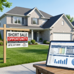 Transform the scene into a professional real estate investment visual, featuring a suburban house with a prominent "Short Sale" sign in the foreground. Include a digital tablet or clipboard resting on a surface in the front of the frame, displaying detailed financial spreadsheets, property analysis charts, and profit projections. Adjust the lighting to be bright and clear, emphasizing a clean, strategic atmosphere that balances the technical nature of real estate data with the physical property.