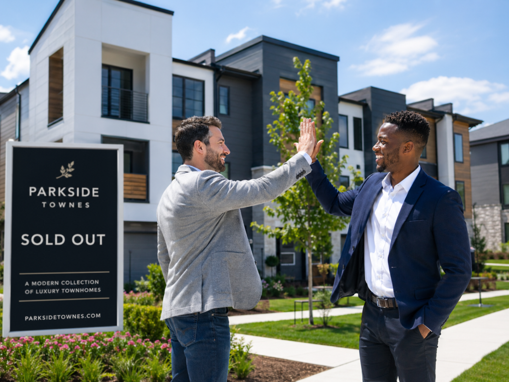 two real estate investors high-fiving each other in front of their profitable new construction housing property