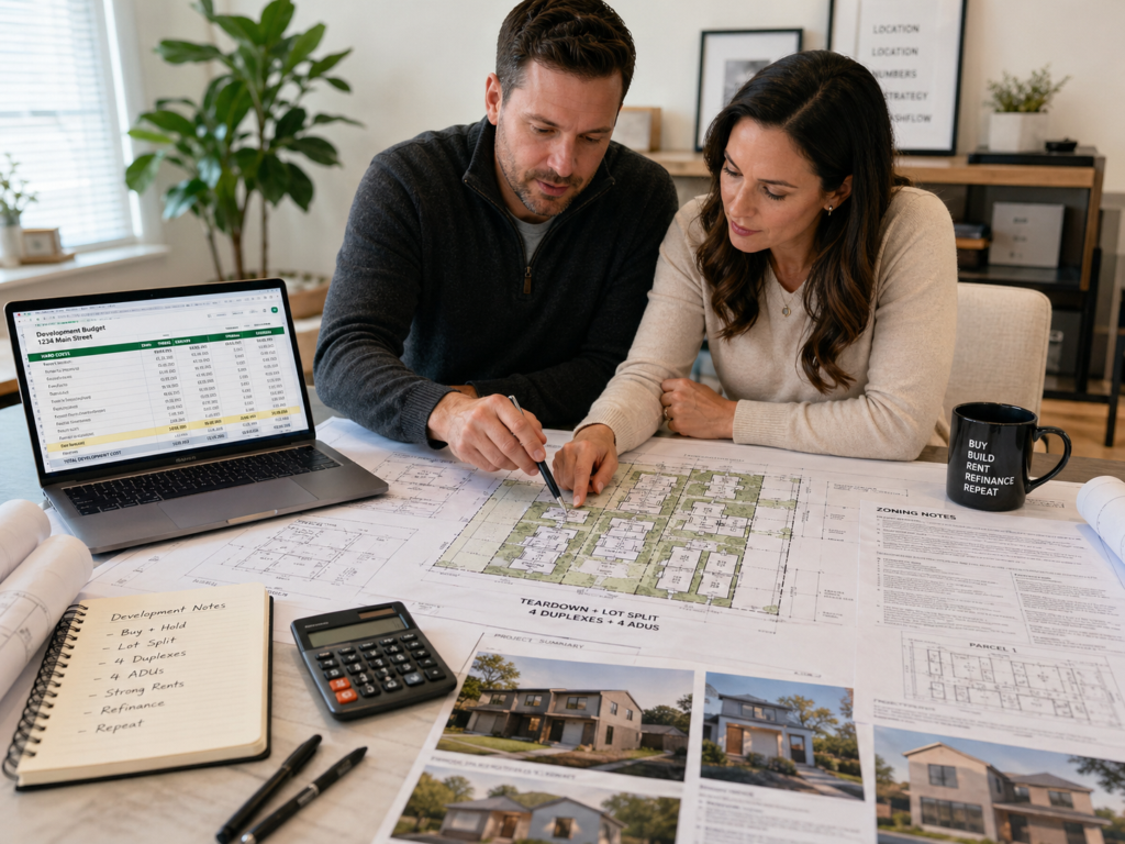 a husband and wife real estate investor team reviewing a teardown lot split site plan with duplexes, ADUs, zoning notes, and construction budget software