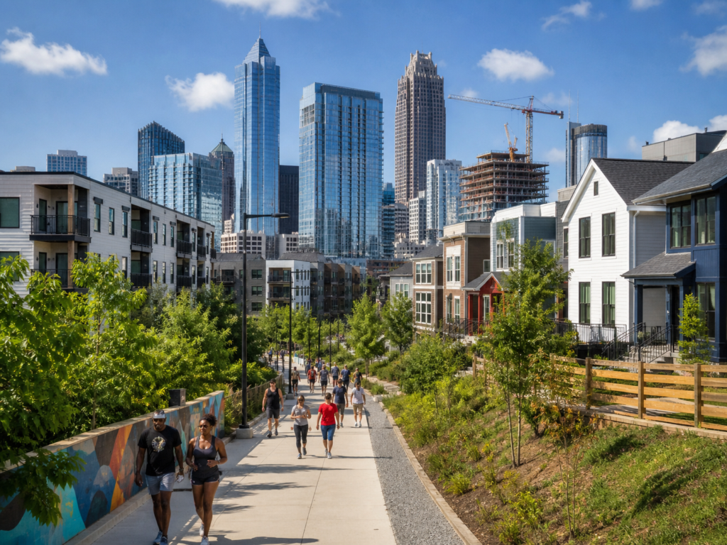 A pedestrian walk in Atlanta Georgia with a view of the downtown business district and multifamily homes.