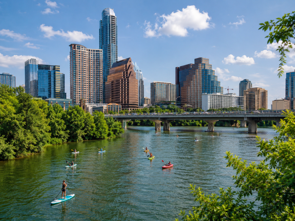 People on canoes and paddle boats along the river near Downtown Austin