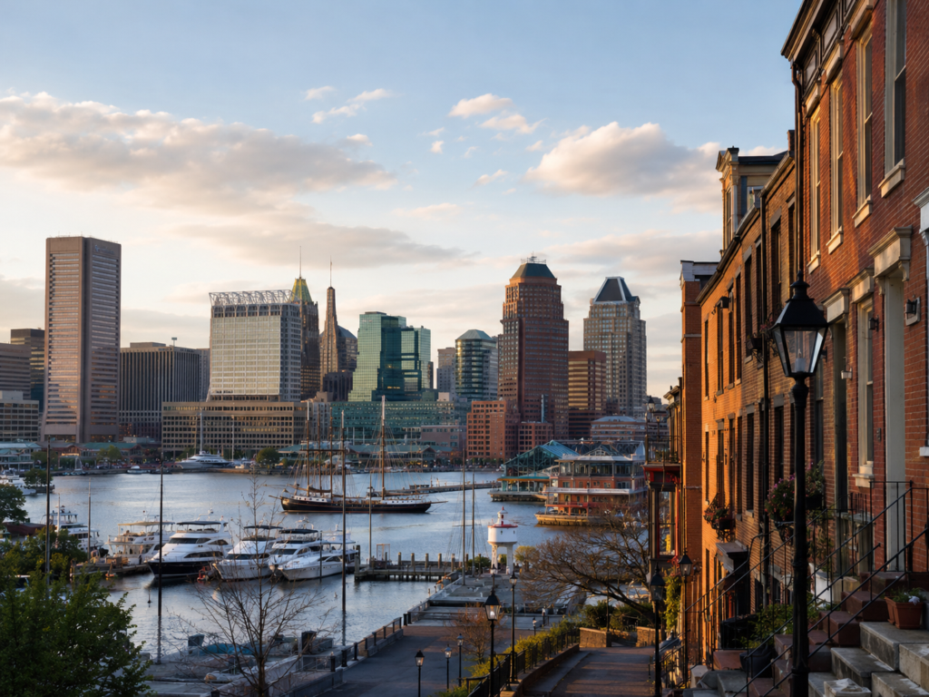 Lake-front view of downtown Baltimore with recently flipped row houses 