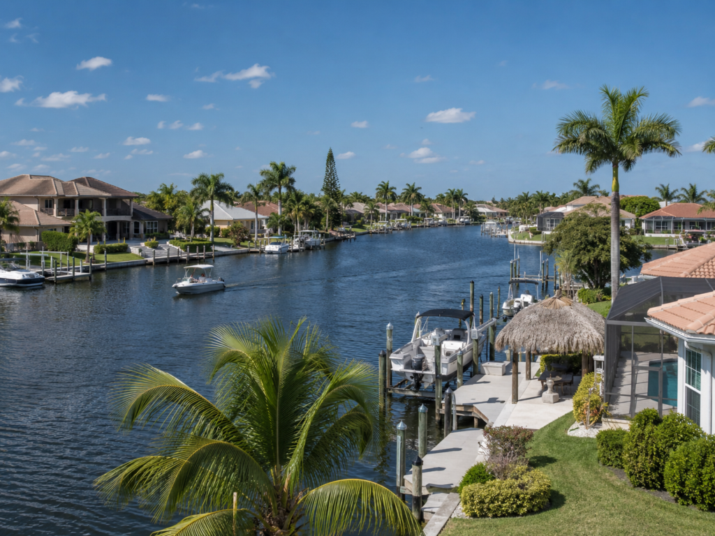 Inland waterway in Cape Coral with boats and single family homes along the shore line.