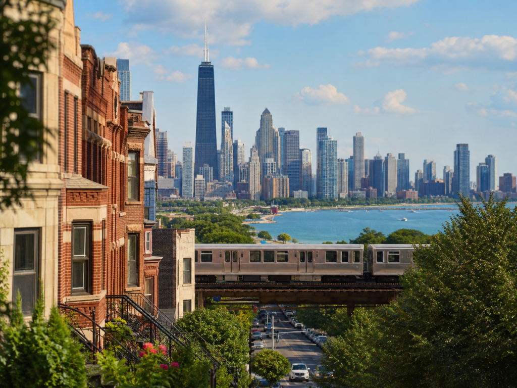Scenic view of Chicago Illinois with the Loop, residential two and three flats, and the 'L' commuter train and Lake Michigan on a bright sunny day