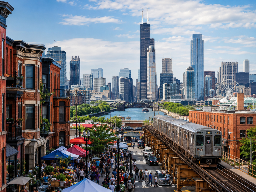Urban scene of an upscale neighborhood in Chicago during a summer street fair with the Chicago River and Loop in the background as the 'L' train passes by.