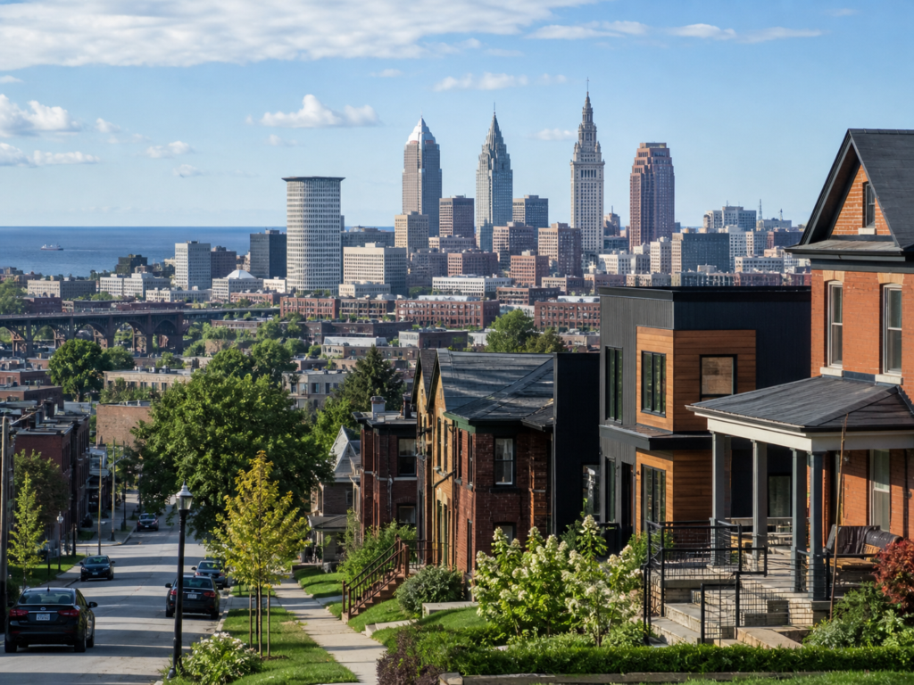 A view of downtown Cleveland and the Great Lakes in the distance.