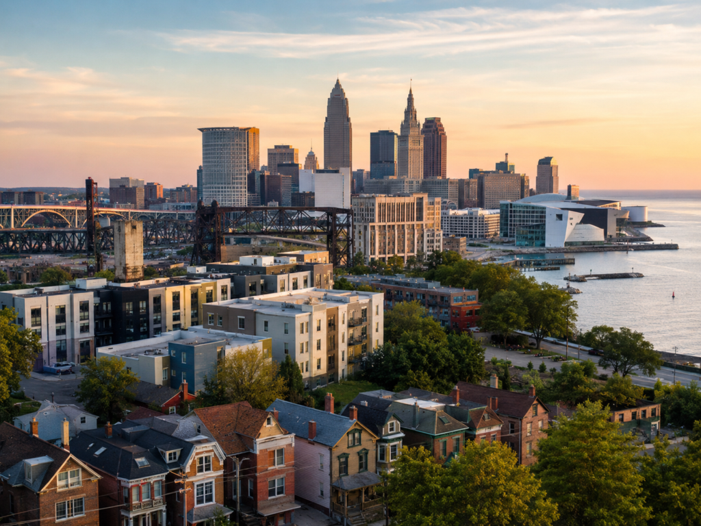 Lakefront view of Cleveland at sunset with the museum and business district in the background