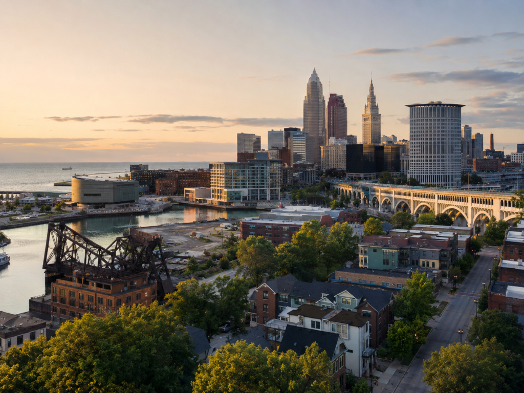 Commercial, residential, and industrial areas in Cleveland near the museum and the lake.