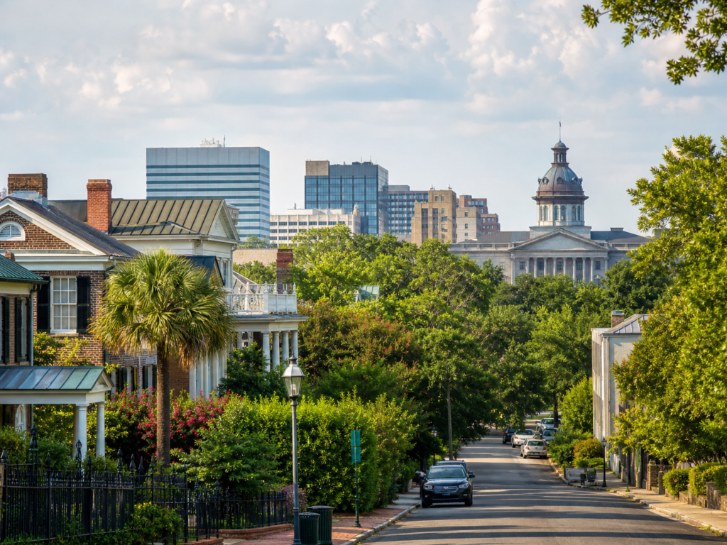 A tree lined street in Columbia South Carolina with a view of the capitol building