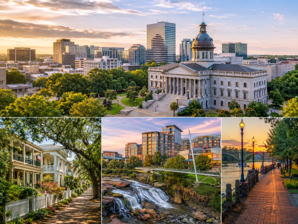 A split-screen image with office builds, residential walkways, apartment buildings highlighting the various pre-foreclosure opportunities in Columbia South Carolina