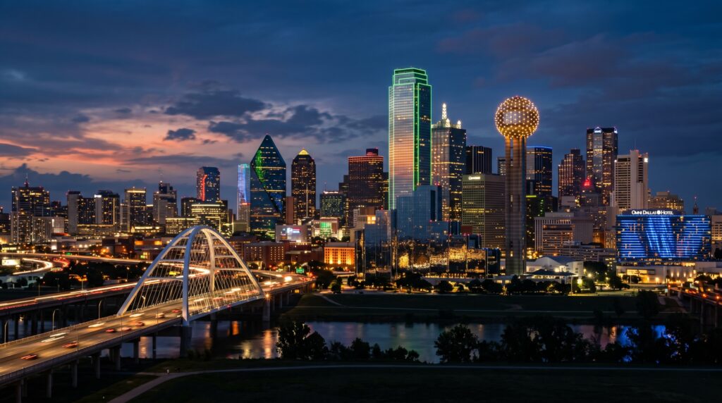 A detailed view of the Dallas-Fort Worth skyline, emphasizing the unique architectural profiles of the skyscrapers and the Reunion Tower. The scene features vibrant city lighting at dusk, with glowing windows and neon accents against a deepening sky, while maintaining the original composition and urban landscape.