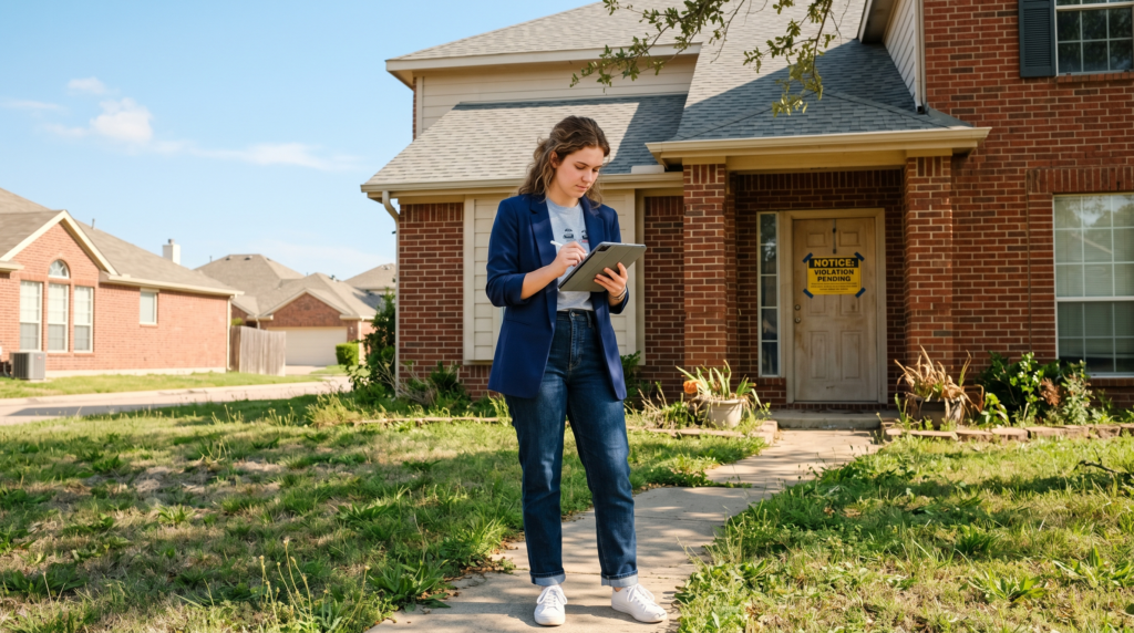 A young Gen Z woman in professional yet contemporary attire, such as a modern blazer over a casual top, stands in a suburban Dallas-Fort Worth residential neighborhood. She is focused on a sleek digital tablet while inspecting a two-story red-brick house that shows visible signs of neglect, including a slightly overgrown lawn and a notice posted on the front door. The bright, clear North Texas sunlight illuminates the scene, highlighting the contrast between her polished, tech-focused appearance and the weathered exterior of the distressed property.