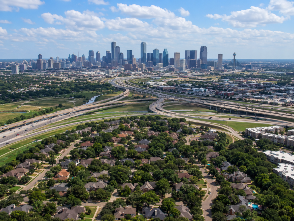Urban sprawl of the DFW metro area with residential subdivisions, apartment buildings, and freeways leading to the central business district.