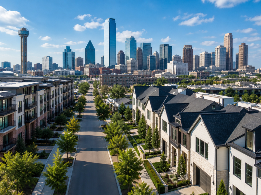 A residential street in Dallas lined with multifamily condos and single family homes with a scenic view of the Dallas Central Business District.