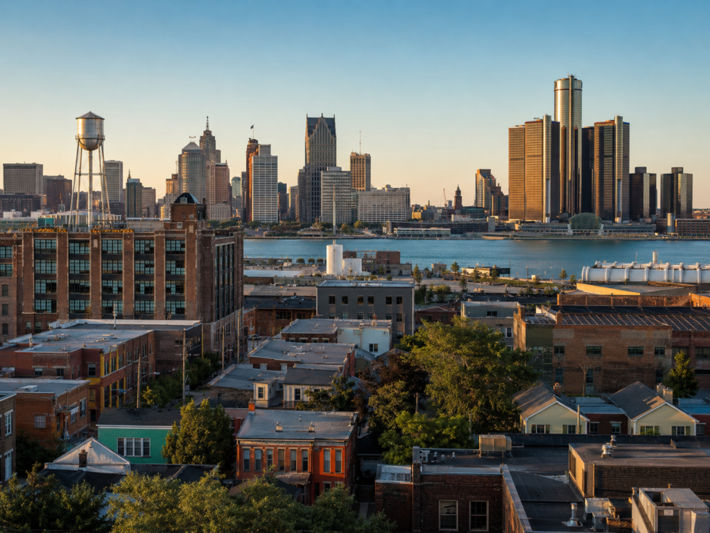 View of Downtown Detroit from a residential areas across the water with industrial to residential flipping opportunities for real estate investors