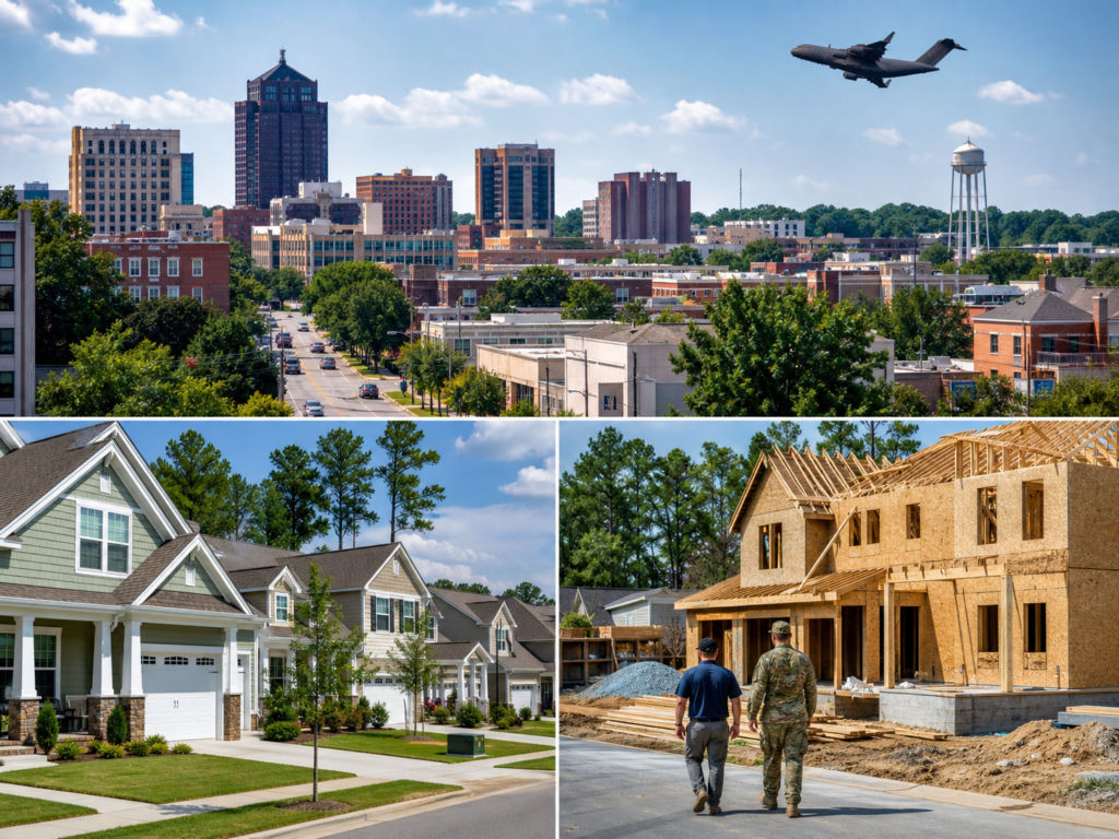 A split screen image of Fayetteville North Carolina with the downtown district, newly built homes, and new construction site