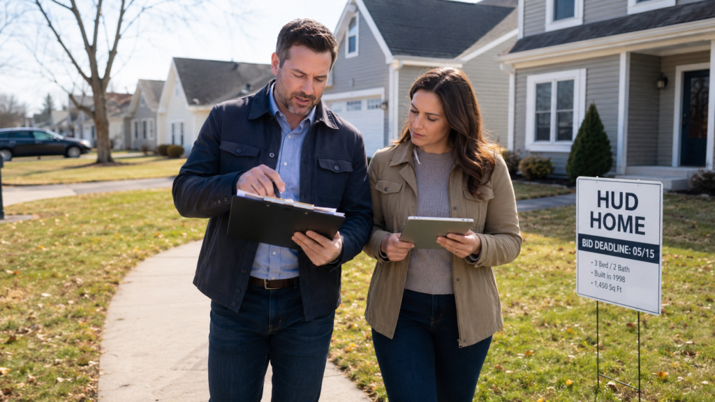 A husband and wife real estate investing team walking through a middle-class neighborhood reviewing HUD home investing opportunities, bidding rules, repair estimates, and resale potential.