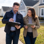 A husband and wife real estate investing team walking through a middle-class neighborhood reviewing HUD home investing opportunities, bidding rules, repair estimates, and resale potential.