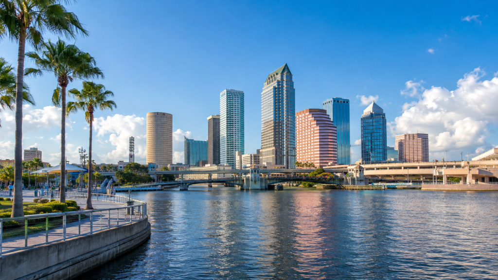 Downtown Tampa skyline in Hillsborough County viewed across the waterfront with palm trees, bridges, and high-rise buildings.