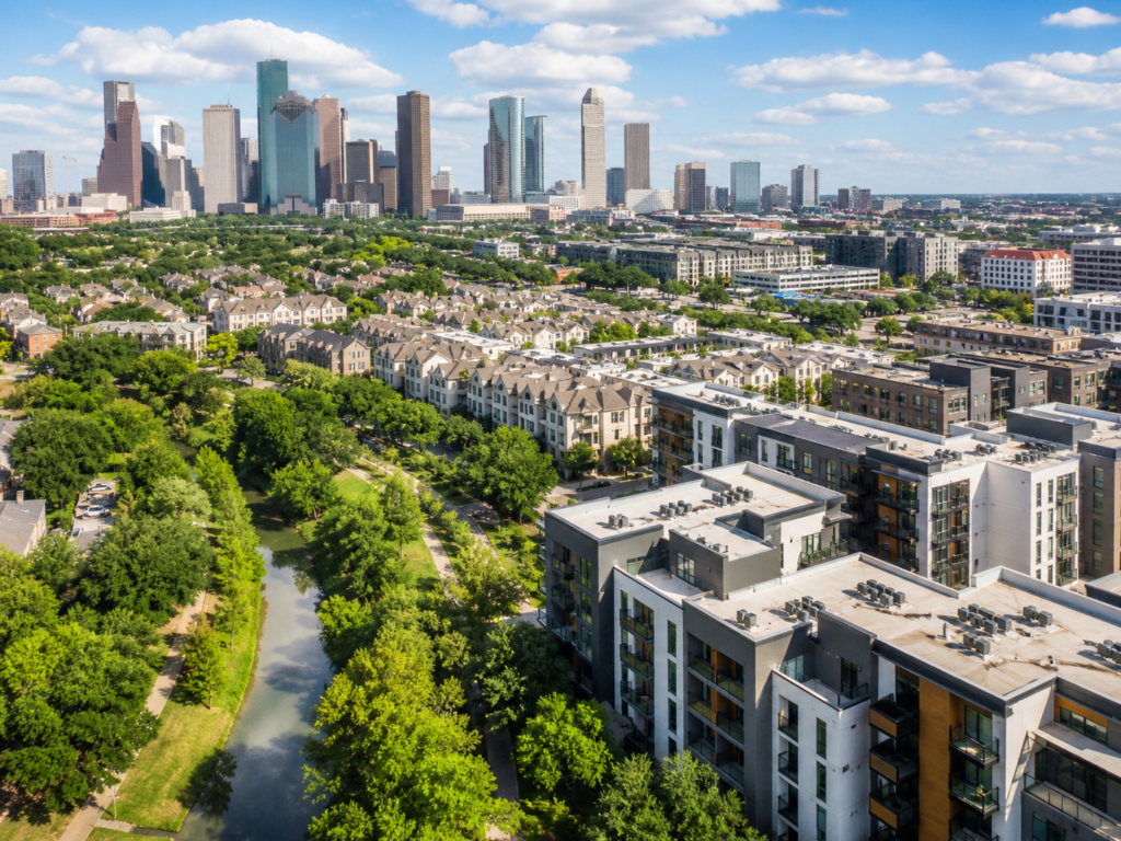 Multifamily homes and apartments outside of the Houston downtown area.
