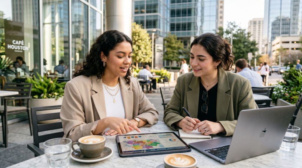 Two young women in their early twenties with contemporary Gen Z professional styles sit at a bright outdoor cafe table in Houston, deeply engaged in a business discussion. They are looking at a digital tablet displaying neighborhood maps and real estate data, with two latte cups and a thin laptop resting on the marble tabletop. One woman points toward the screen while the other listens intently, holding a pen. The background features the clean glass lines of modern Houston architecture and urban greenery under soft morning sunlight. Both investors wear stylish, casual business attire such as oversized blazers and minimalist jewelry, reflecting a blend of professionalism and modern youth culture.