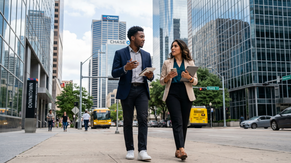 A young Gen Z man and woman walking through Downtown Houston, dressed in contemporary business casual attire and engaged in a focused professional discussion. The background features the modern glass skyscrapers and urban streetscape characteristic of the Houston skyline. The scene emphasizes their collaborative body language and entrepreneurial energy, captured in clear natural daylight that highlights the textures of the city and their clothing.