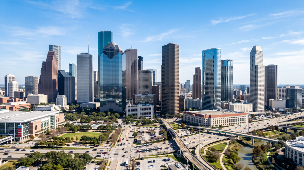 skyline of Downtown Houston, Texas, emphasizing the glass-clad skyscrapers, the distinct architectural silhouettes of the major high-rise buildings, and the urban density of the city center under a bright, clear sky.