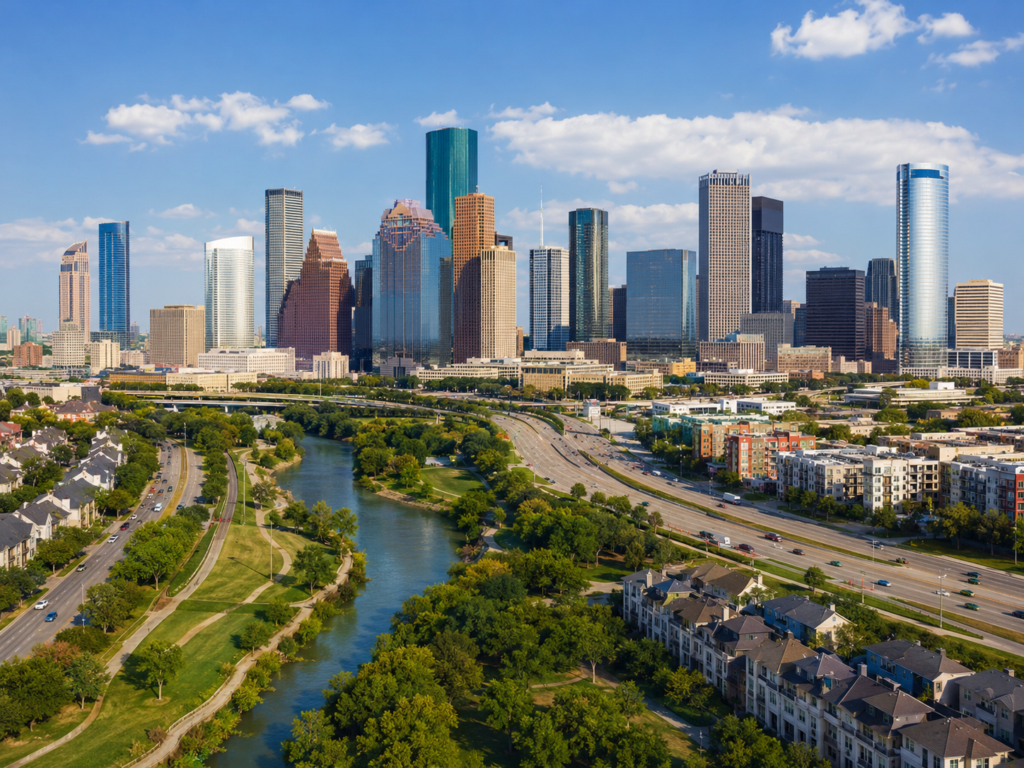 Scenic view of Houston with the central business district in the background and single family homes along the river in the foreground.