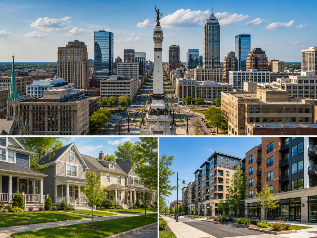 A split screen image of Indianapolis Indiana with the downtown business district, single family residential homes, and new multifamily condos.