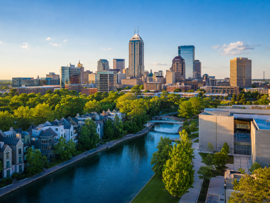 Single family homes along the river in Indianapolis with the Central Business district in the background during a beautiful summer day