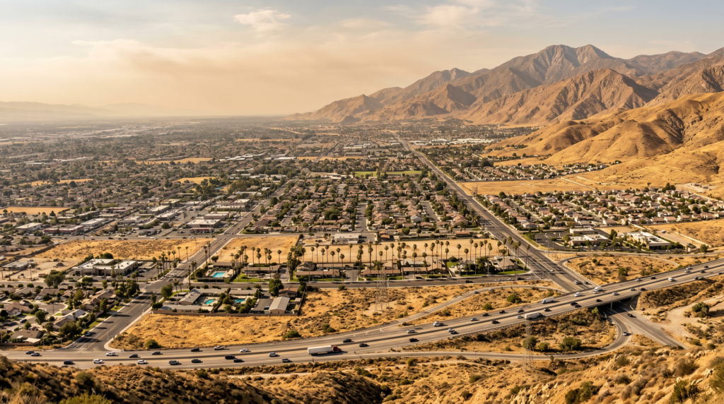 A panoramic depiction of the Inland Empire landscape, emphasizing the arid valley floor and its suburban sprawl nestled against the backdrop of rugged, sun-bleached mountains. The scene features parched golden hills, characteristic palm trees, and wide asphalt roads under a hazy, warm afternoon sky that casts a soft atmospheric glow over the entire region.
