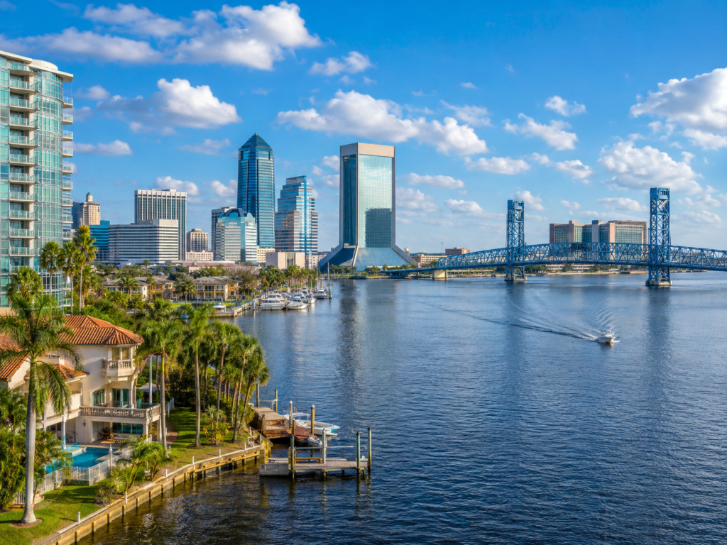 Single-family and apartment condos along the river front in Jacksonville, Florida with boats and the bridge in the background.