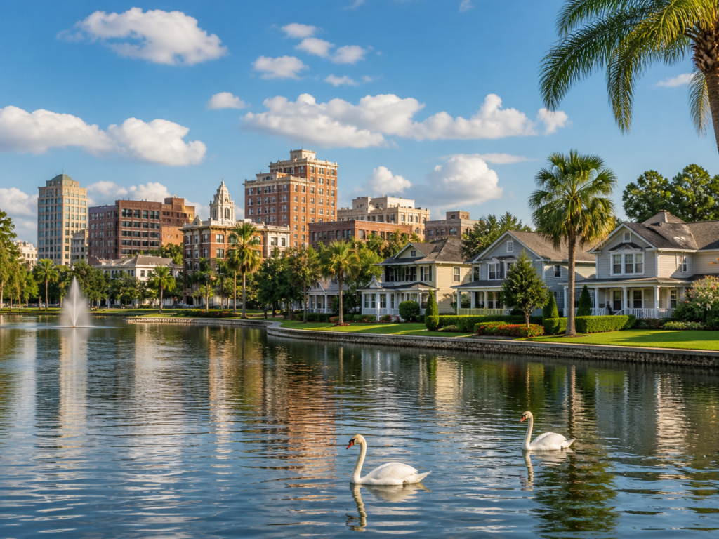 Image of Lakeland Florida with a lake and flamingos in front of lake-front homes.