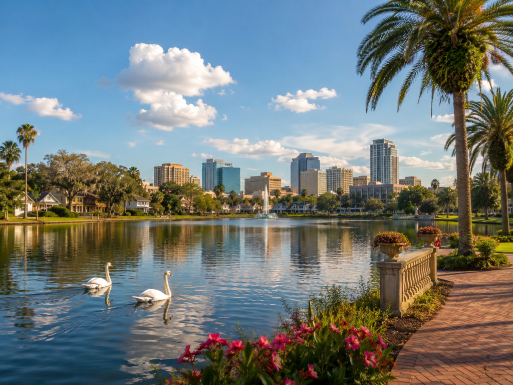 Swans swimming in the lake along the waterfront walkway in Lakeland Florida with the business district in the background on a bright day with scattered clouds