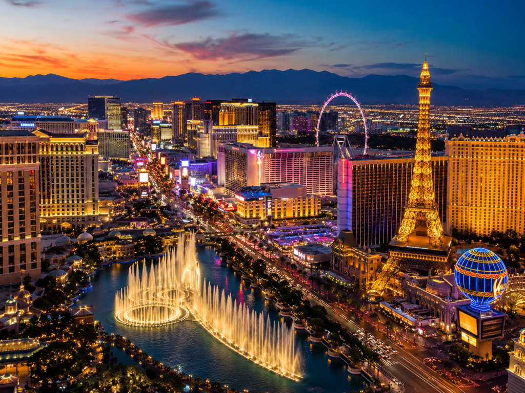 View of the Strip and numerous casinos in Las Vegas with sprawling suburbs in the distance at dusk.