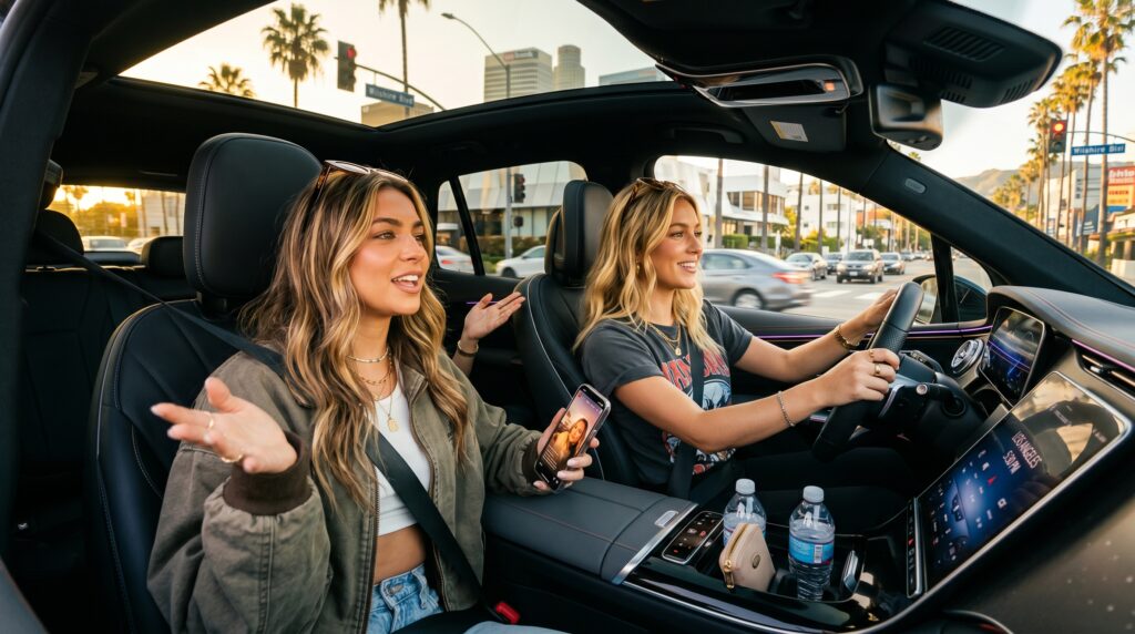 Two fashionable Gen Z women with contemporary Californian styles and sun-kissed hair driving through the sunny streets of Los Angeles in a sleek luxury vehicle. One woman operates the steering wheel while the other gestures toward the urban landscape through the window, perhaps holding a digital device. The car’s interior showcases premium materials and modern accents. Golden hour lighting illuminates the scene, highlighting palm trees and modern buildings visible in the background, creating a focused and ambitious atmosphere.