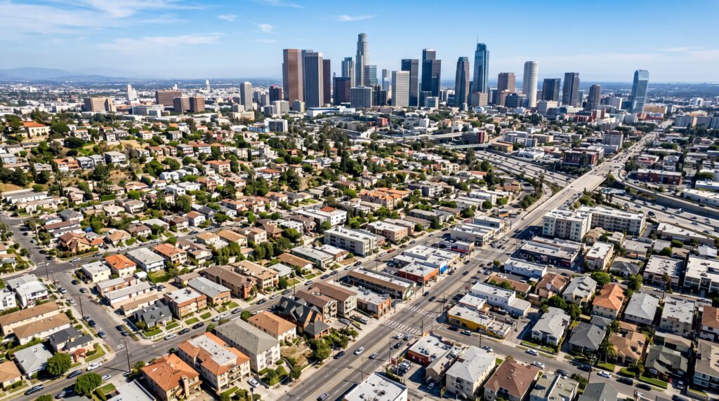 The architectural diversity across the Los Angeles metropolitan area, highlighting the contrast between residential neighborhoods and dense commercial districts. The intricate details of various real estate types and local businesses integrated into the urban landscape. The distinct textures of the cityscape, using bright, natural lighting to define the sprawling layout and the transitions between different zones of the city.
