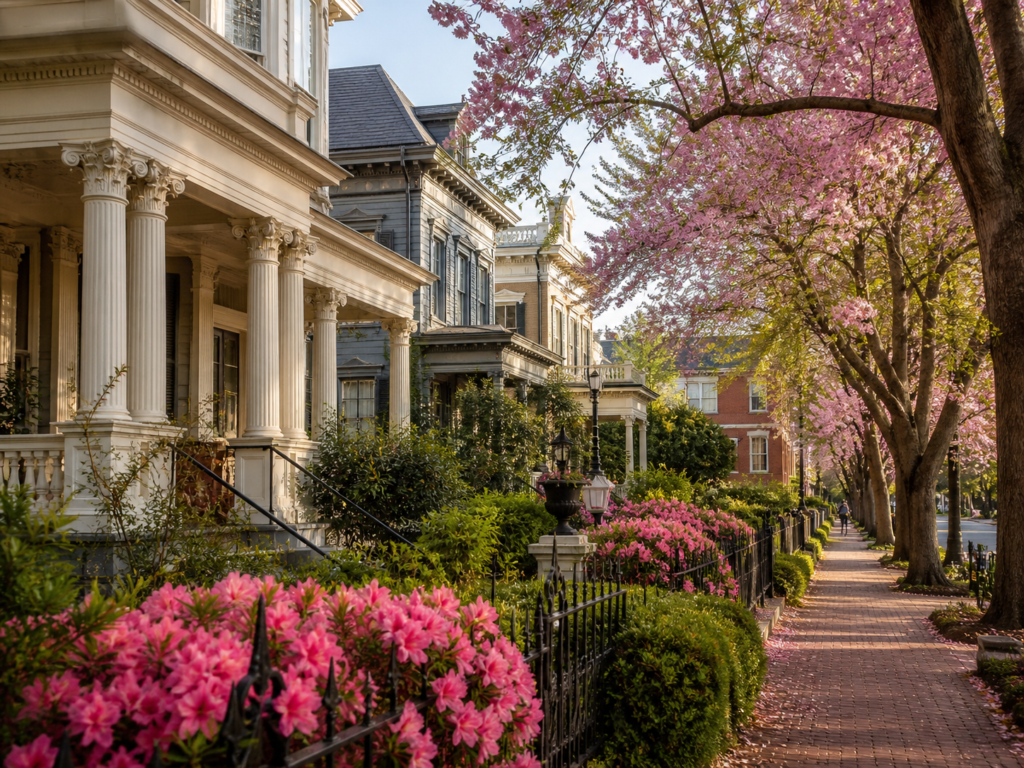 A residential sidewalk with flowering trees and plants alongside old mansions in Macon Georgia