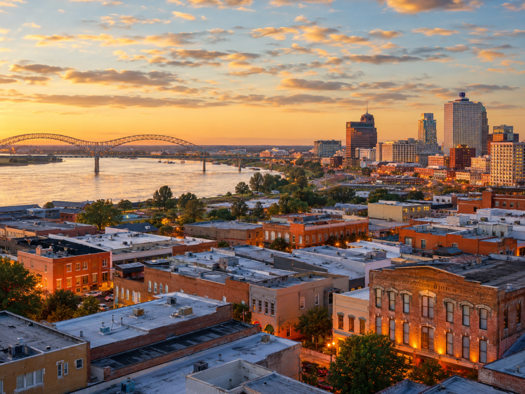 Memphis at sunrise with numerous older office-to-residential conversions illustrating the vast number of property flipping opportunities in Tennessee
