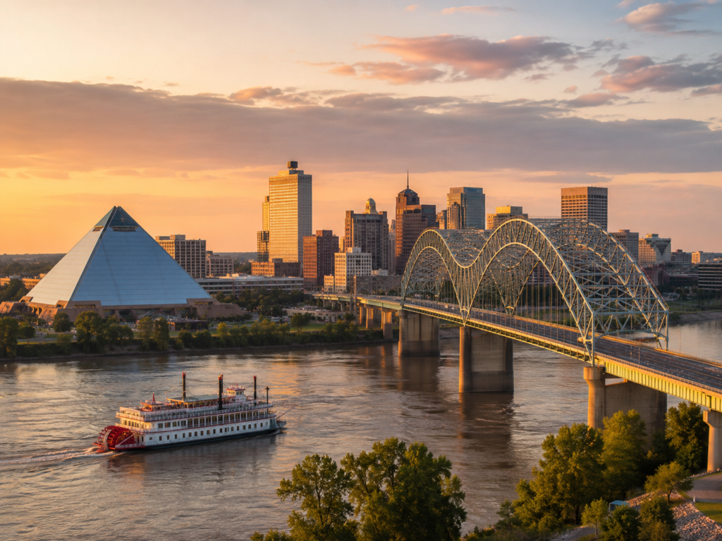 View of the river in Memphis with a paddle boat crossing under the bridge and the business district in the background.