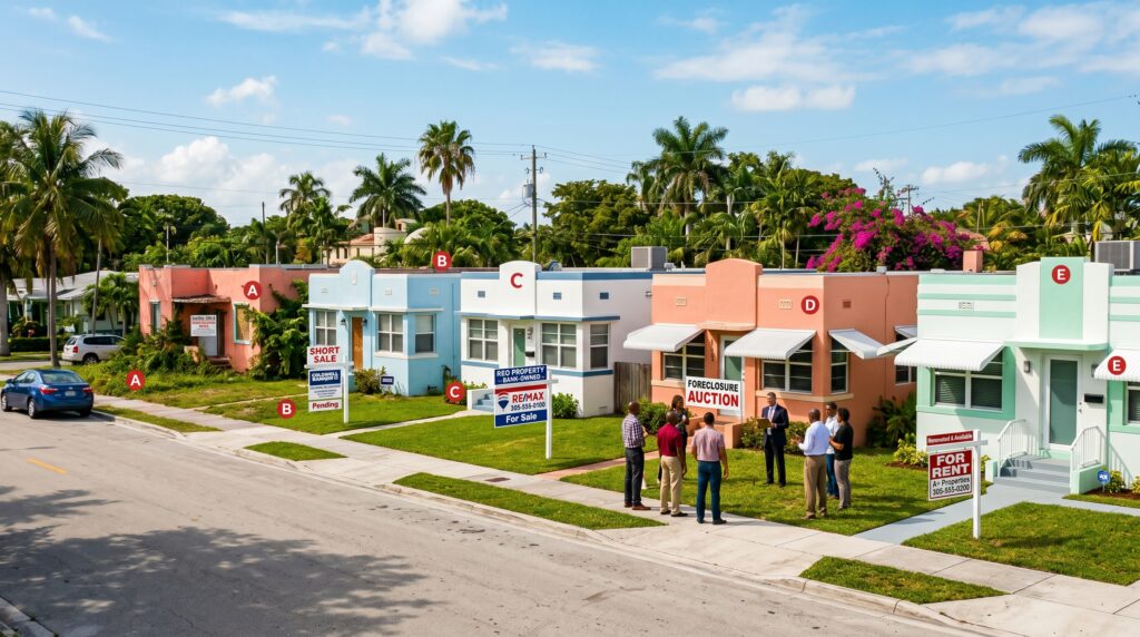 A vibrant Miami residential landscape with Art Deco architecture and palm trees, depicting various real estate investment stages. One house shows a pre-foreclosure notice on the door, another features a "Short Sale" yard sign, and a bank-owned REO property stands with professional real estate signage. An adjacent property illustrates an active foreclosure auction with a small group gathered, while a neighboring house is freshly renovated with a "For Rent" sign, representing a successful BRRRR strategy. The scene is set under bright coastal sunlight with saturated colors characteristic of South Florida.