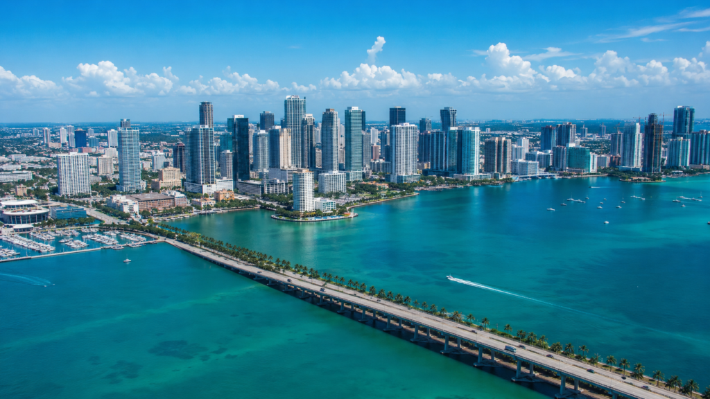 Aerial view of Miami-Dade County skyline over Biscayne Bay with turquoise water, high-rise buildings, and a palm-lined causeway.